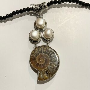 Elegant Silver and Brown Ammonite Pendant Necklace